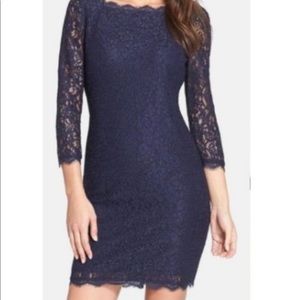 Worn ONCE! Adrianna Papell Navy lace dress with square neck, V back and back zip